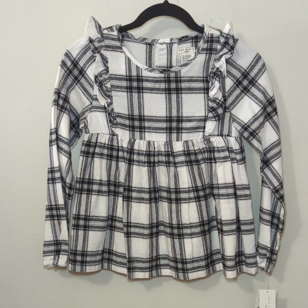 Max Studio Kids Plaid Ruffle Shirt White Black Flannel Long Sleeve Girls Size L